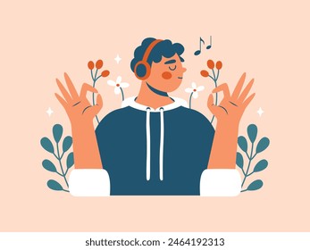 Niño escuchando música con auriculares en la cabeza y mostrando el gesto OK de las manos. Abstractas persona peculiar de pie entre plantas, flores, hojas. El concepto Music Lover. Lindo joven en diseño plano.