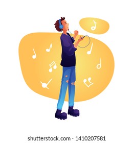 Boy listening music flat vector illustration. Young singer in headphones. Cartoon character singing isolated drawing. Teenager, hipster have fun. Hobby, pastime.  Music notes background