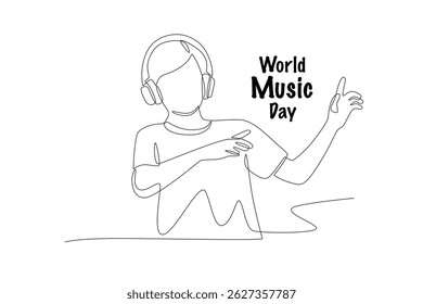Boy listening to music with headphones. World music day concept one-line drawing