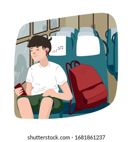 Boy escucha música con auriculares y mira por la ilustración vectorial de la ventana del tren