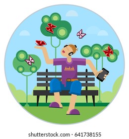 The boy listens to music on a park bench. Flat design style. Vector illustration.
