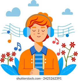 The boy listens to music. Vector illustration