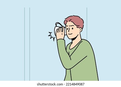 Boy listens to what is happening behind wall with mug near his ear. Guy wants to know secrets, mysteries of his neighbors. Teenager finds out why his parents are arguing. Vector outline illustration.