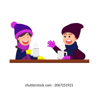 Boy and little girl chatting together in winter with a hot drink