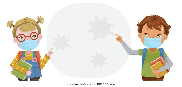 Boy and little girl wearing a protective medical mask. Elementary school students in class. Pointing to empty space.  Education and health concepts. Related to COVID 19. cartoon vector. 
