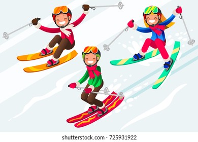 Boy little skiing. Skis in snow skiing people. Winter sports at kids holidays. Parents and children skiers enjoying snow landscape. Vector illustration in a flat style