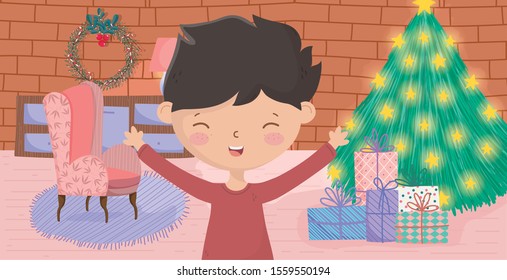 boy living room tree sofa gifts wall brick merry christmas celebration vector illustration