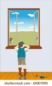 The boy in loneliness looks out of the window, his eyes are full of despondency and thoughtfulness