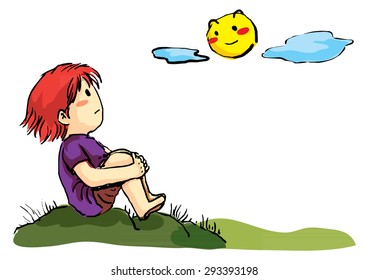 Boy lonely sitting on hill waching the moon