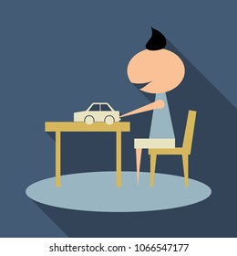 boy with long chubby playing car on the table. boy sitting on the chair