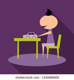 boy with long chubby playing car on the table. boy sitting on the chair