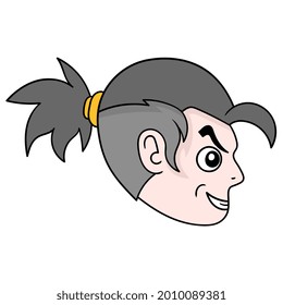 niño con pelo largo en cola ponicola, emoticono de cartón de ilustración vectorial. dibujo de icono de garabato