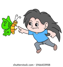 a boy with long hair tries to touch a butterfly, vector illustration art. doodle icon image kawaii.