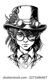 boy with long hair wearing sunglass and hat hand drawn illustration