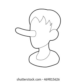 Boy with a long nose icon in outline style isolated on white background. Liar symbol