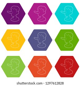 Boy with a long nose icons 9 set coloful isolated on white for web