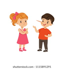 Boy with long nose lying to girl with crossed arms vector Illustration on a white background