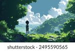 A boy look towards sky from the hill , illustration