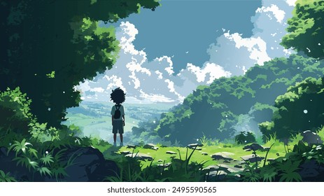 A boy look towards sky from the hill , illustration