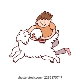 Niño que cuida a su perro blanco cepillando su ilustración de vector plana de piel