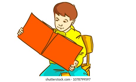 The boy  looking at the book in his hands sitting on the chair. Cartoon colorful vector sketch isolated on white.