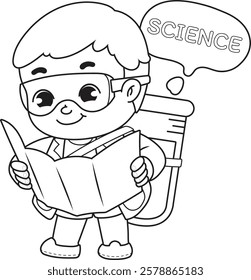 A boy is looking at a brochure and carrying a giant test tube that says Science.