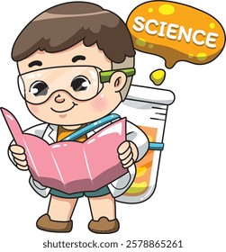 A boy is looking at a brochure and carrying a giant test tube that says Science.