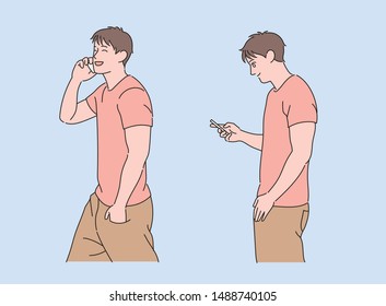 A boy is looking at a cellphone and talking on the phone. hand drawn style vector design illustrations. 
