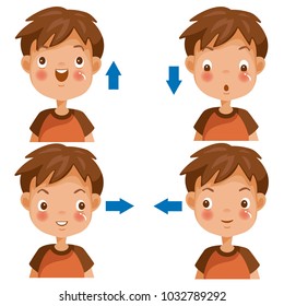 Boy looking to the copy space area. looking up, Looking down,  left,  right, Cartoon cute little boy in red shirt. Different gestures and emotions. Vector illustrations isolated on white background.