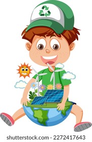Un niño mirando el globo terrestre con panel solar e ilustración de turbina eólica