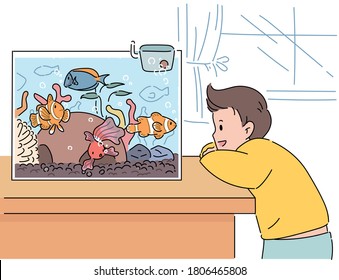 A Boy Is Looking At A Fish Tank. Hand Drawn Style Vector Design Illustrations. 