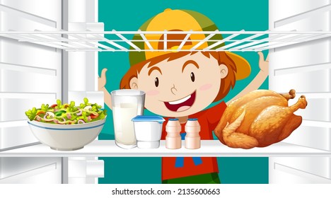 Boy looking at food in fridge illustration