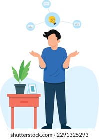 A boy looking for frequently asked question with simple flat design style