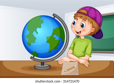 Boy looking at globe in classroom illustration