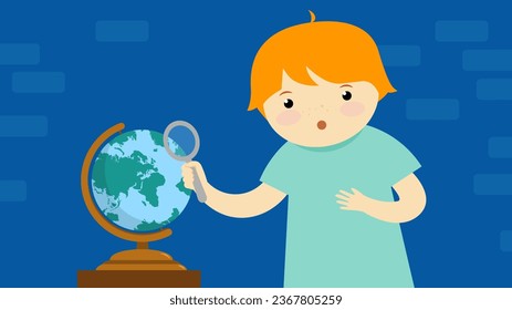 Boy looking at the globe with a magnifying glass. Vector illustration