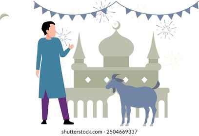 The boy is looking at the goat.