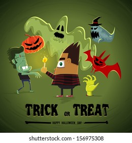 the boy looking halloween day see zombie ghost pumpkin hand hell and witch and bat monster.trick or treat headline