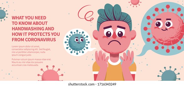 Boy looking at his hands anxiously, COVID-19 hygiene concept banner illustration
