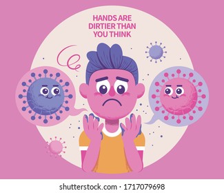 Boy looking at his hands anxiously, COVID-19 hygiene concept illustration in pink and purple tone