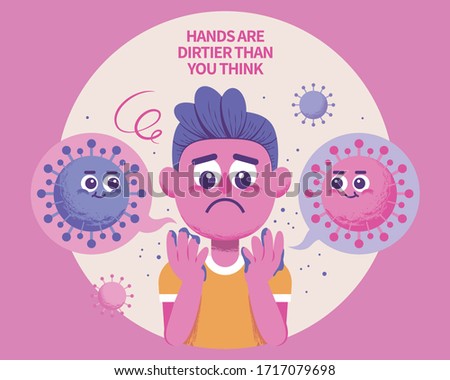 Boy looking at his hands anxiously, COVID-19 hygiene concept illustration in pink and purple tone