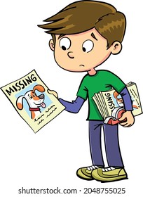 Boy Is Looking For His Lost Dog. He Is Holding A Flyer With A Lost Pet On It