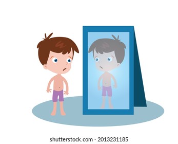 Boy looking at his reflection in the mirror 2D cartoon concept for banner, website, illustration, landing page, flyer, etc.