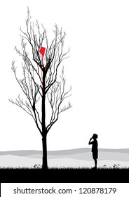 A boy looking at kite stuck in a dead tree, conceptual