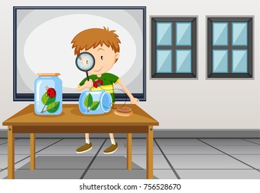 Boy looking at ladybug in classroom illustration