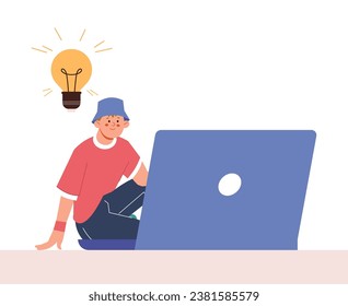 Niño mirando en una laptop y tiene una nueva idea. Lecturas de estudiantes, mente creativa y surf en línea. Carácter vectorial de desarrollador geek aislado
