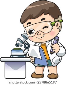 boy looking at a microscope and recording the experimental results