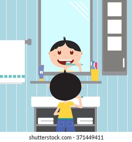 boy looking at the mirror and brushing him teeth in the bathroom. Happy baby with healthy teeth, toothpaste and toothbrush.
Vector flat  illustrations.