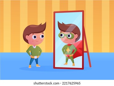 Boy Looking At Mirror. Child Personal Growth. Confidence Kid Mindset. Superhero Power. Teenager Reflection. Heroic Costume. Teens Imagination. Inner Ambitions. Vector Flat Recent Concept