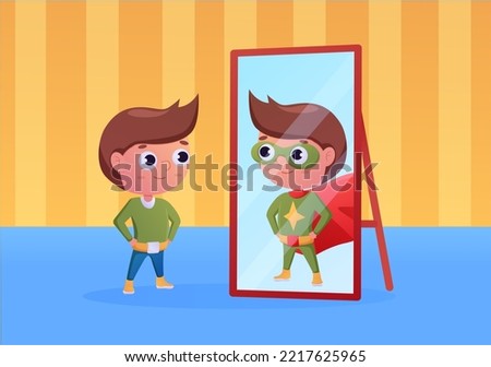 Boy looking at mirror. Child personal growth. Confidence kid mindset. Superhero power. Teenager reflection. Heroic costume. Teens imagination. Inner ambitions. Vector flat recent concept