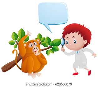 Boy looking at monkey and leaves illustration
